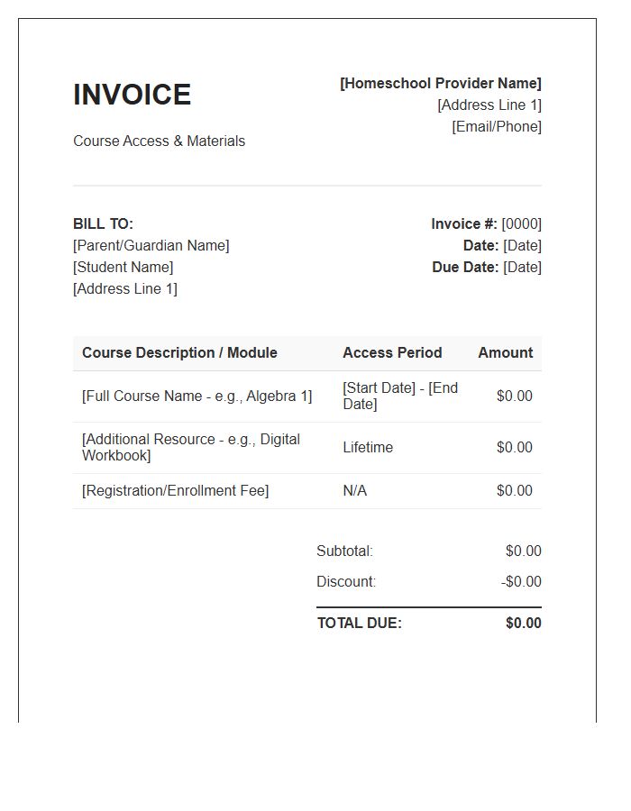 Homeschooling Course Access Invoice Template