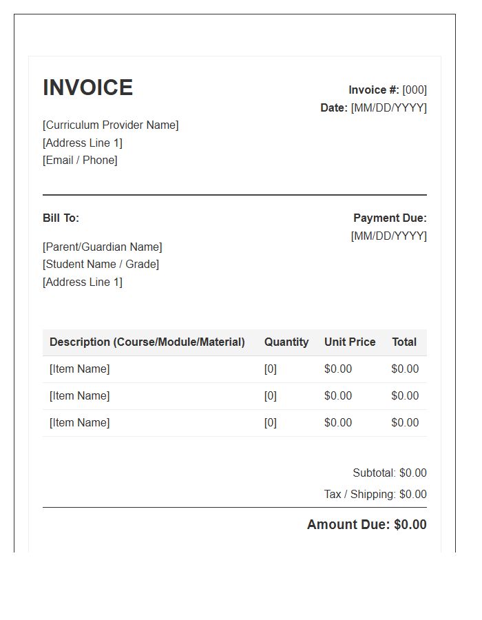 Homeschooling Curriculum Provider Invoice Template