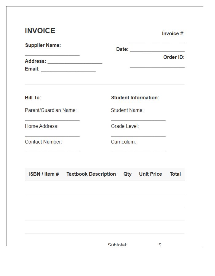 Homeschooling Textbook Supplier Invoice Template