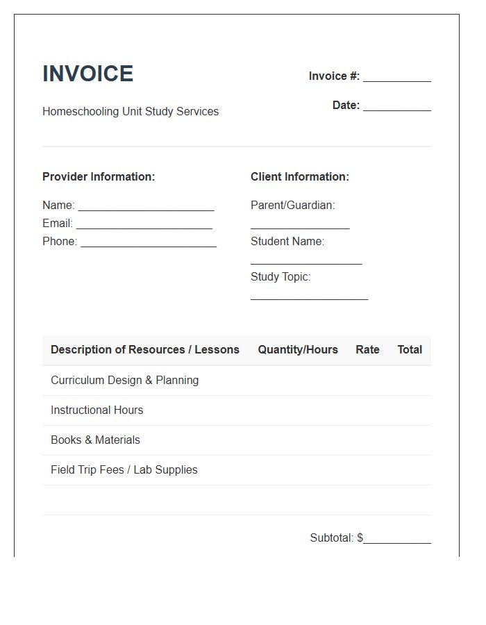 Homeschooling Unit Study Invoice Template