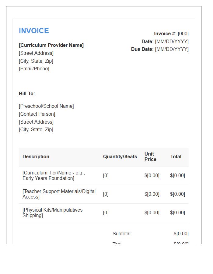 Preschool Curriculum Provider Invoice Template
