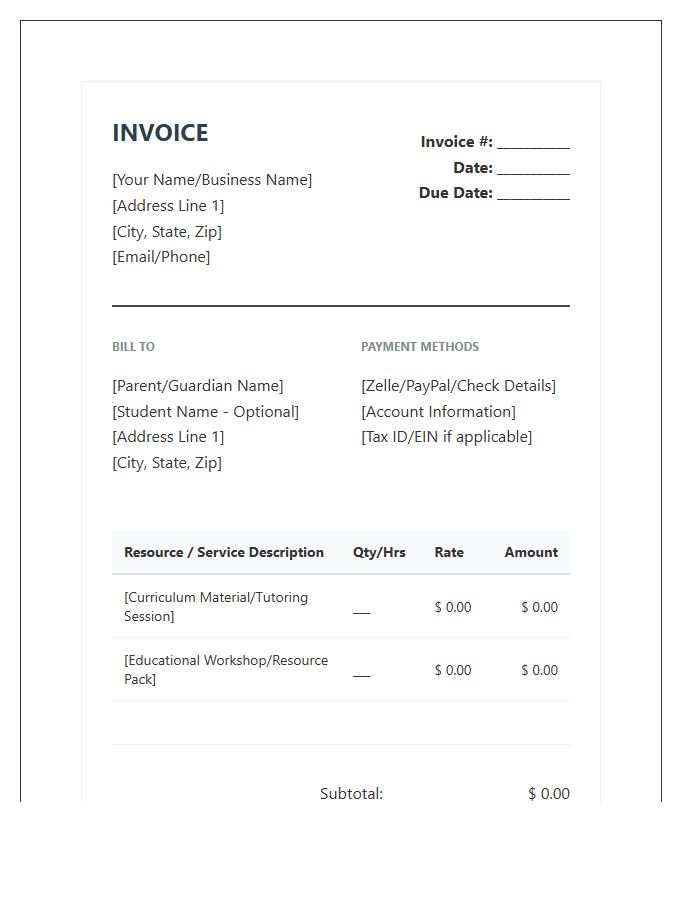 Professional Homeschooling Resource Invoice Template
