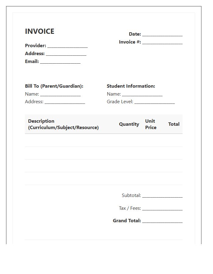 Standard Homeschooling Curriculum Invoice Template