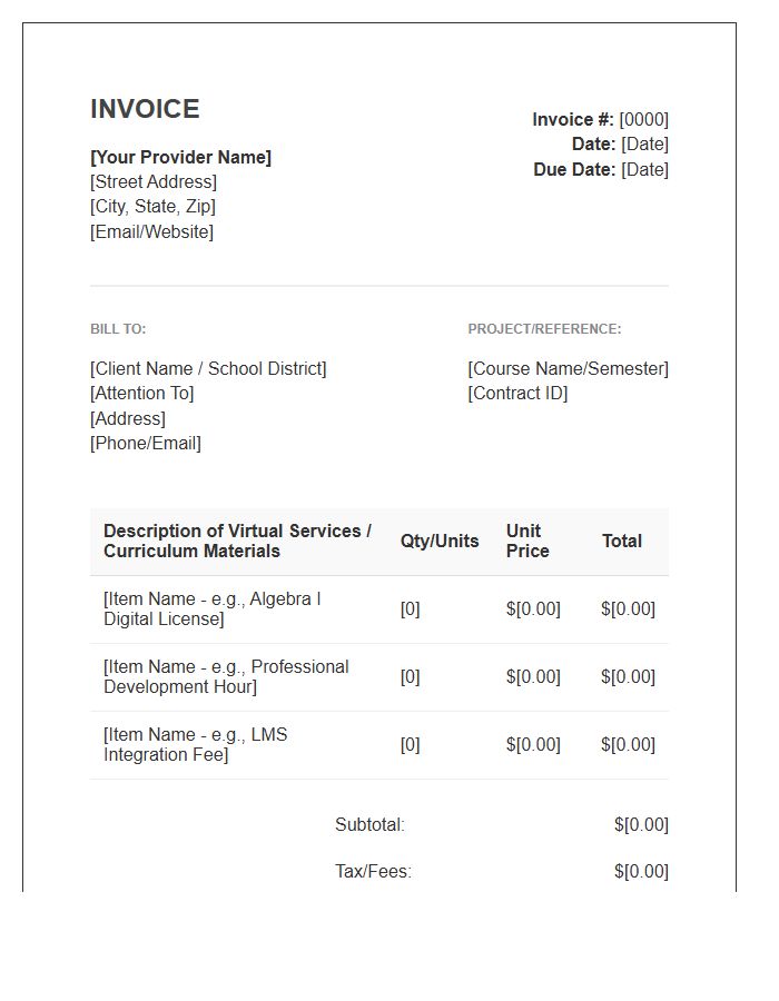 Virtual Curriculum Provider Invoice Template
