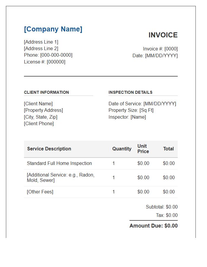 Certified Home Inspection Service Invoice Template