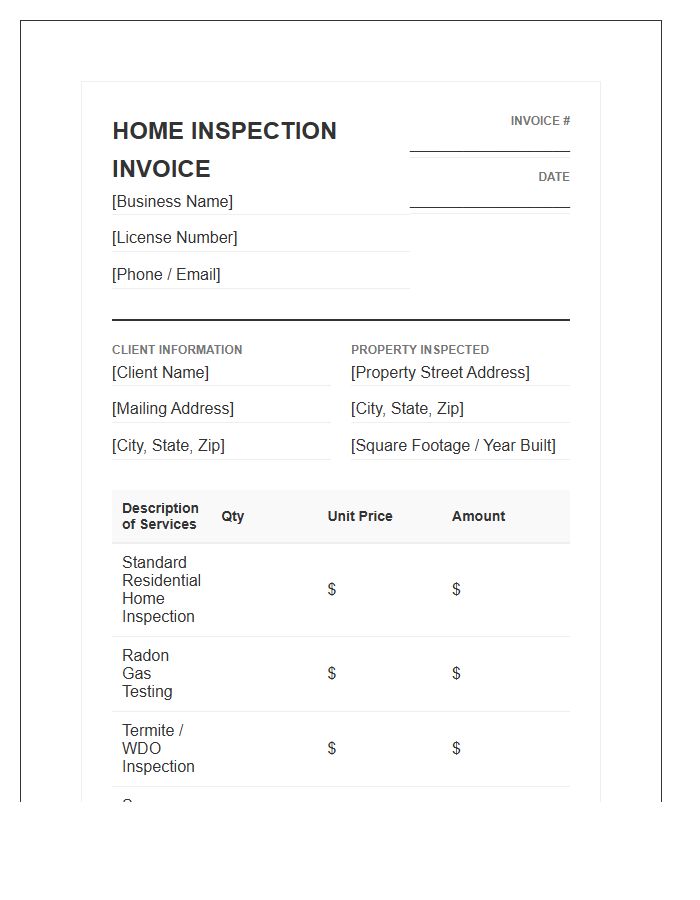 Comprehensive Home Inspection Fees Invoice Template
