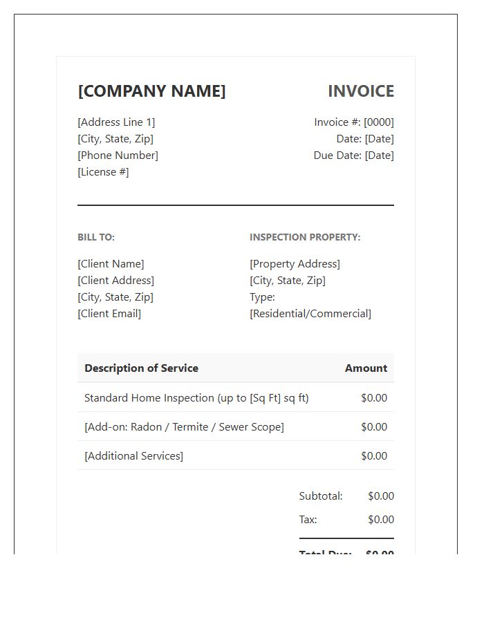 Professional Home Inspector Billing Invoice Template