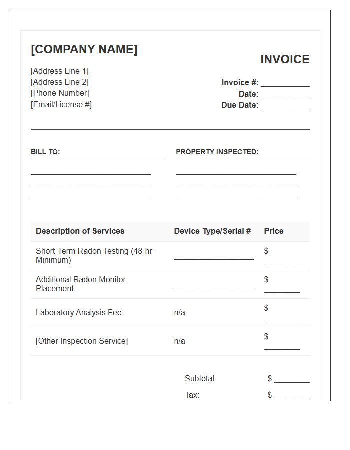 Radon Testing Home Inspection Invoice Template