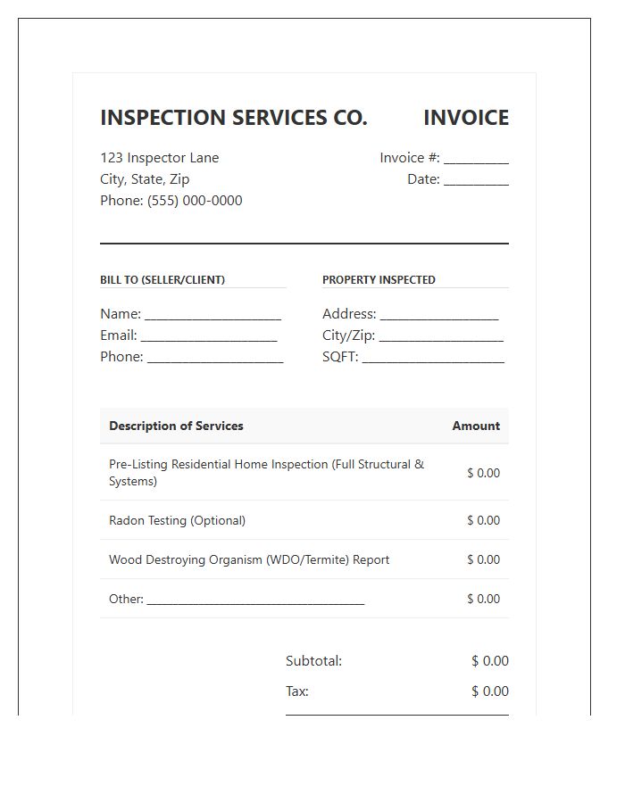 Seller Pre Listing Home Inspection Invoice Template