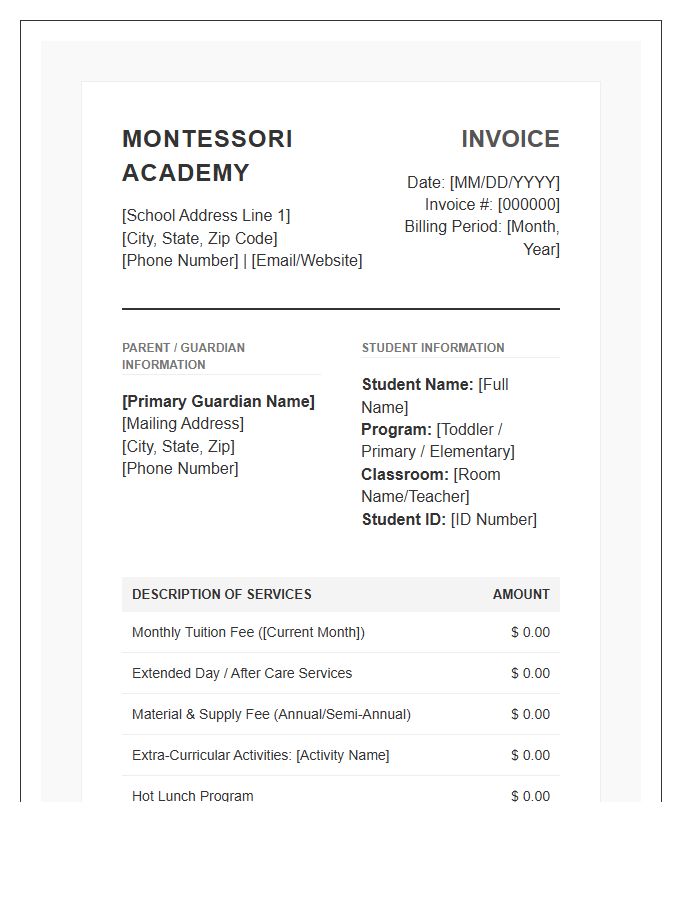 Comprehensive Montessori Monthly Fee Invoice Template