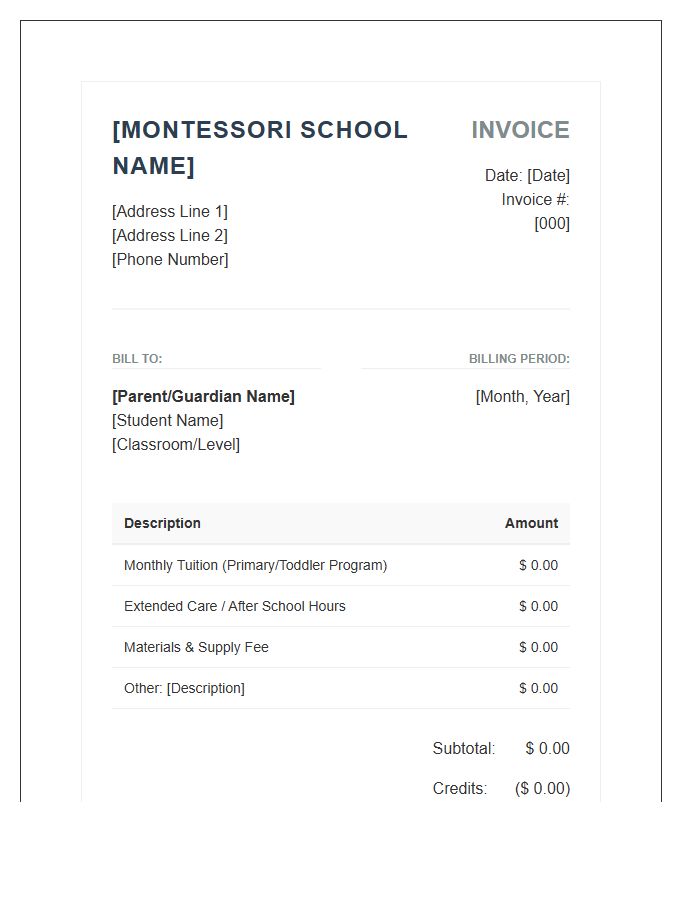 Early Childhood Montessori Monthly Invoice Template