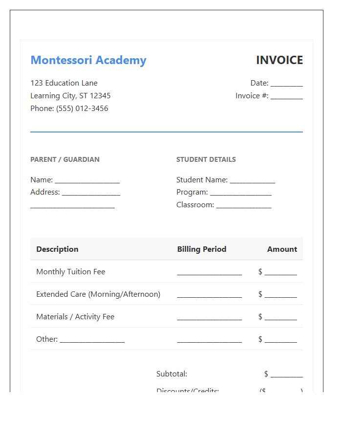 Montessori Academy Monthly Tuition Invoice Template