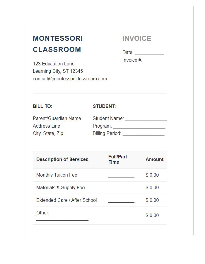 Montessori Classroom Monthly Billing Invoice Template