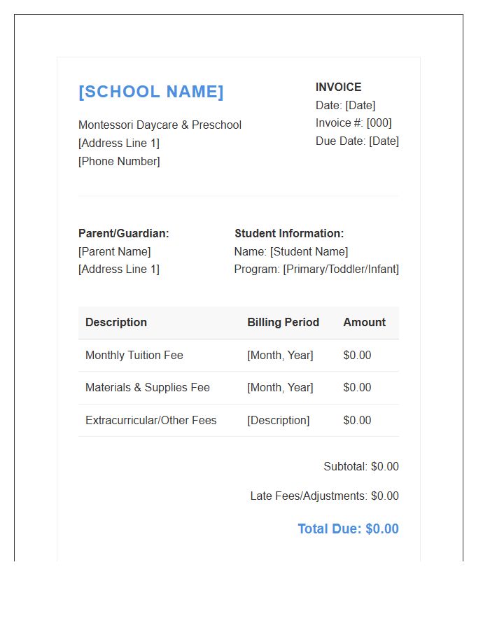 Montessori Daycare Monthly Tuition Invoice Template
