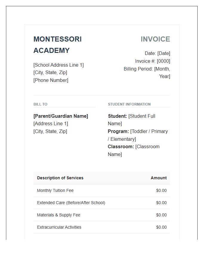 Montessori Education Monthly Billing Invoice Template