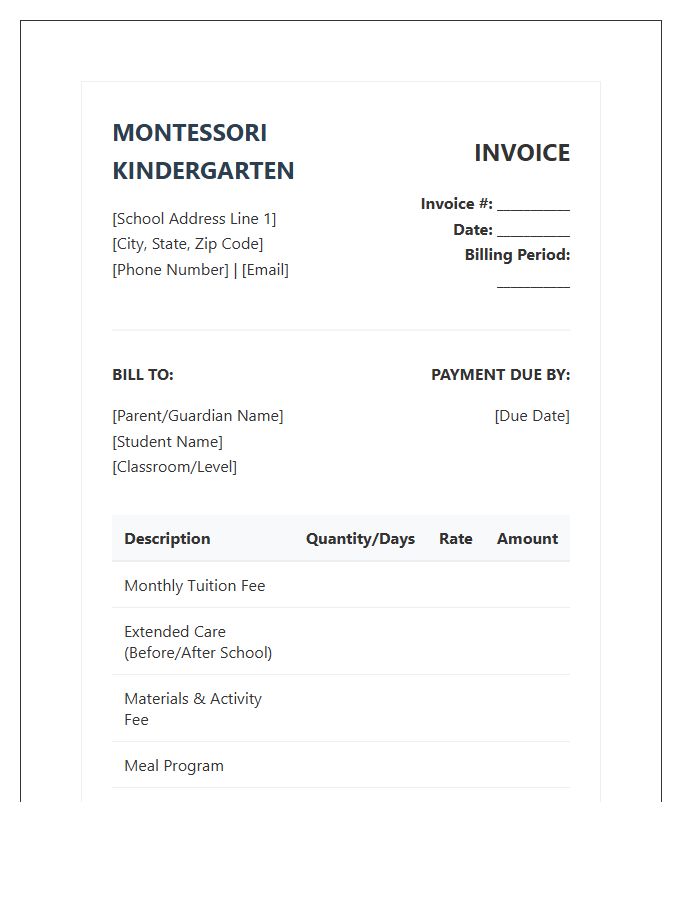 Montessori Kindergarten Monthly Billing Invoice Template