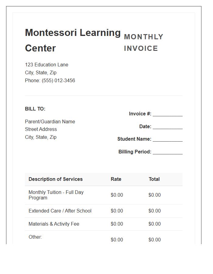 Montessori Learning Center Monthly Invoice Template