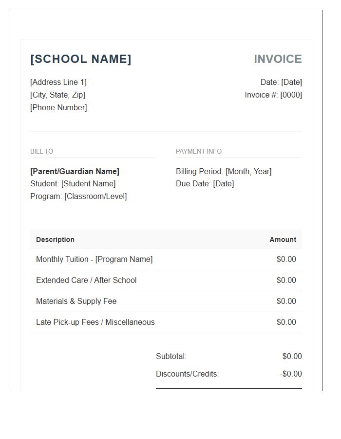 Montessori Preschool Monthly Tuition Invoice Template