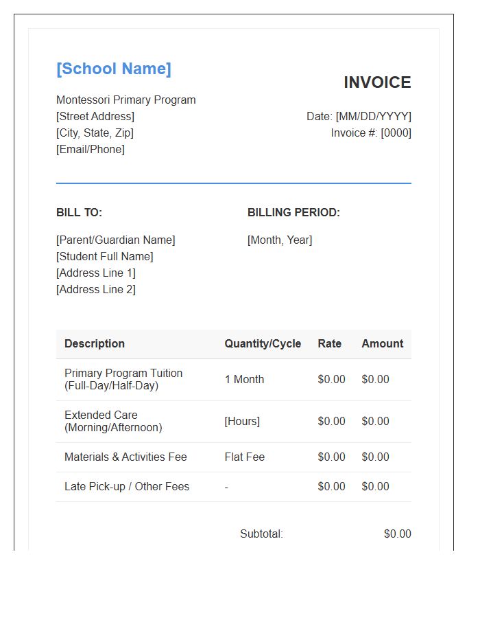 Montessori Primary Program Monthly Invoice Template