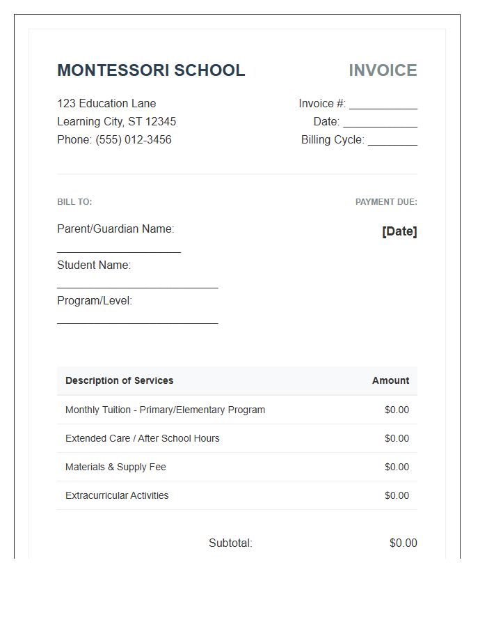 Montessori School Monthly Service Invoice Template