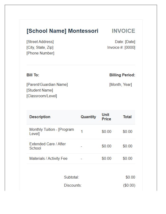 Montessori School Monthly Tuition Invoice Template