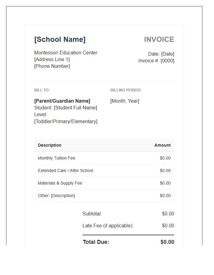 Montessori Student Monthly Fee Invoice Template