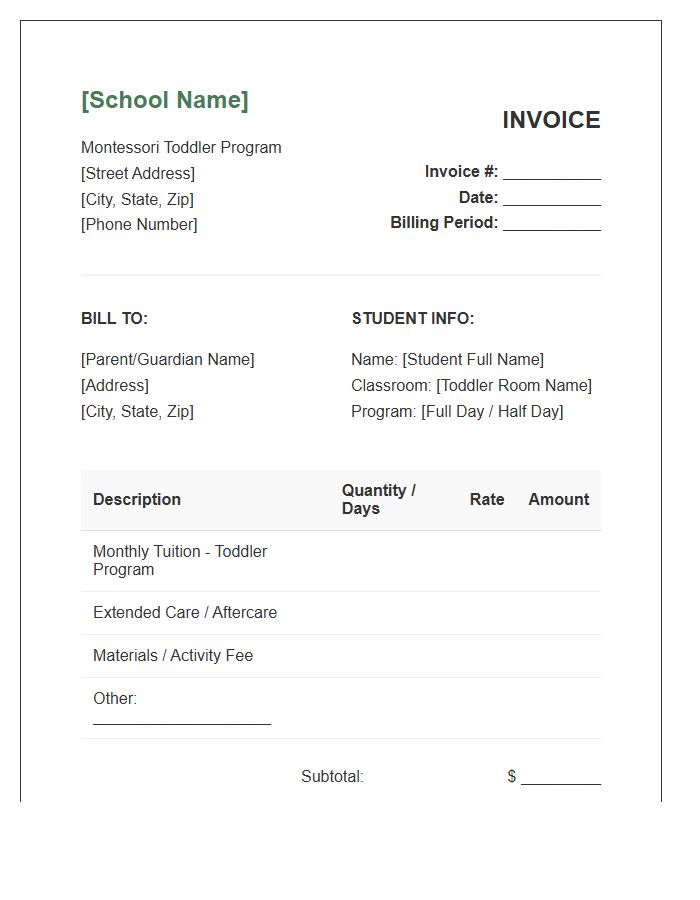 Montessori Toddler Program Monthly Invoice Template