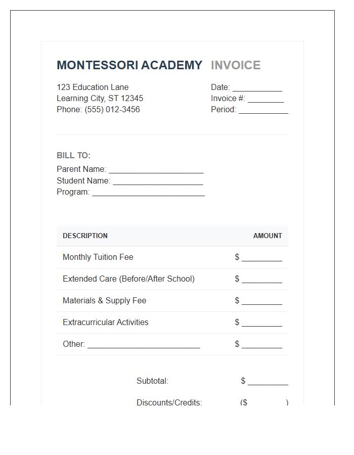 Private Montessori Monthly Billing Invoice Template
