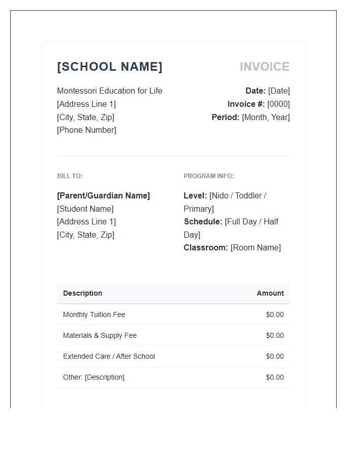 Professional Montessori School Monthly Invoice Template