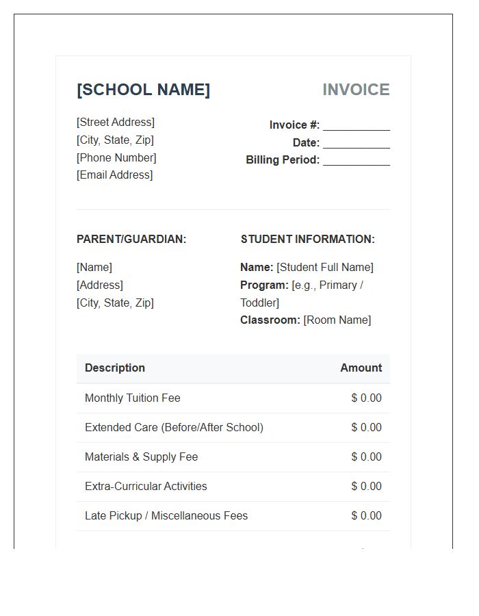 Standard Montessori School Monthly Invoice Template