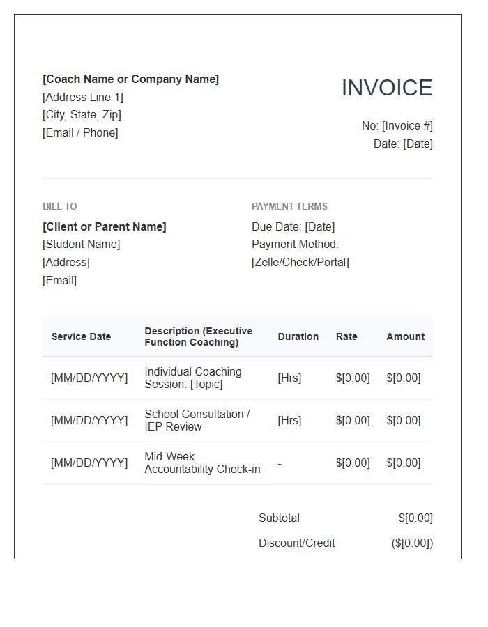 Executive Function Academic Coaching Invoice Template