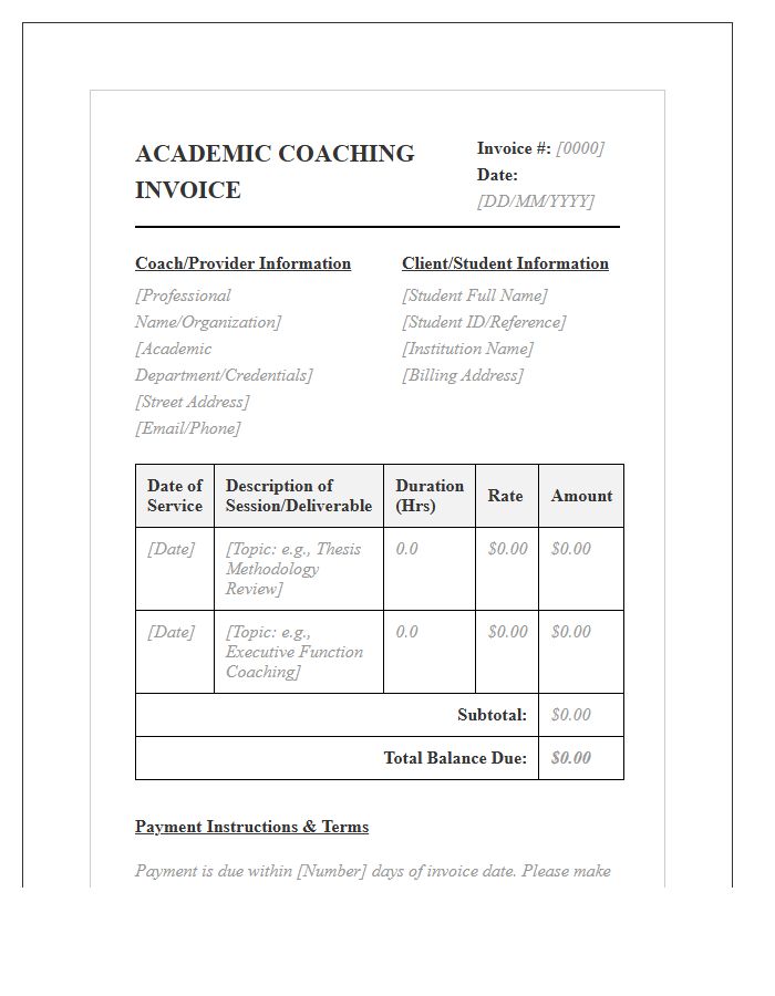 Formal Academic Coaching Documentation Invoice Template