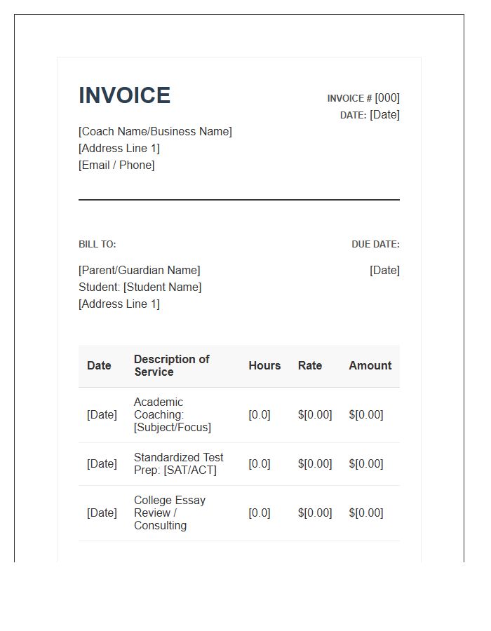 High School Academic Coaching Invoice Template