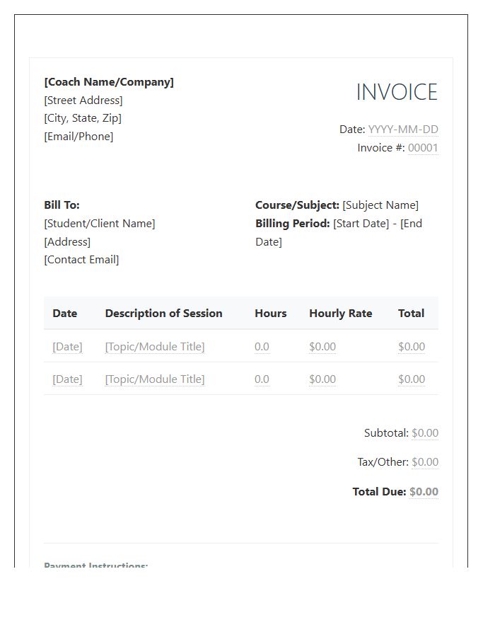 Hourly Academic Coaching Fee Invoice Template
