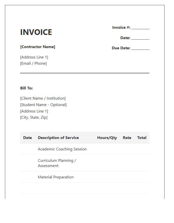 Independent Academic Coaching Contractor Invoice Template