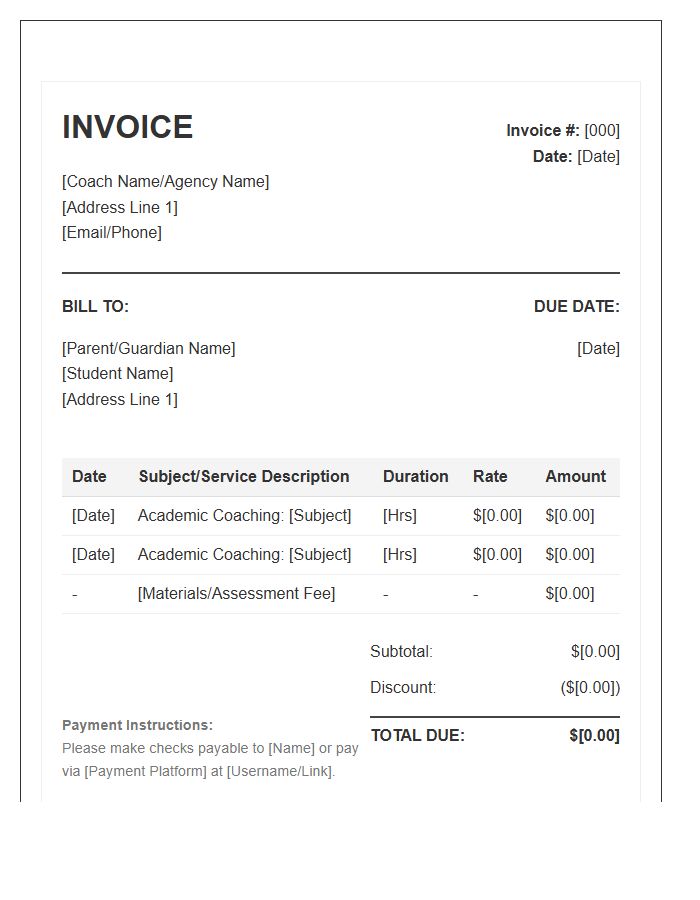 K-12 Student Academic Coaching Invoice Template