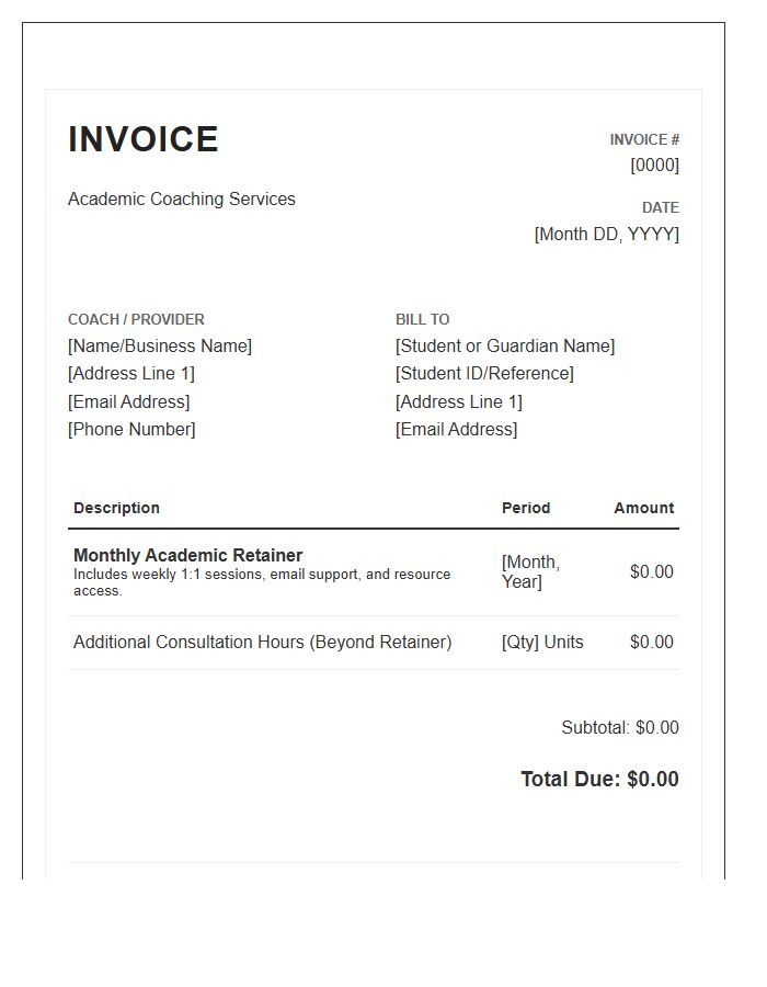 Monthly Academic Coaching Retainer Invoice Template