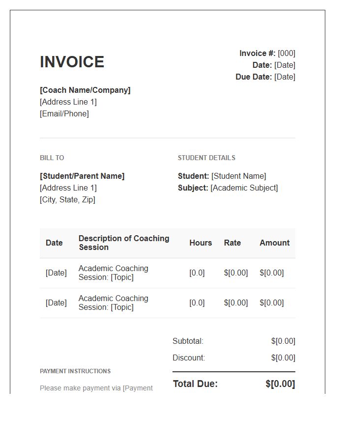 One On One Academic Coaching Invoice Template