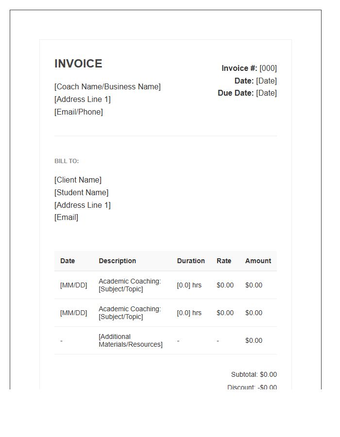 Private Academic Coaching Session Invoice Template