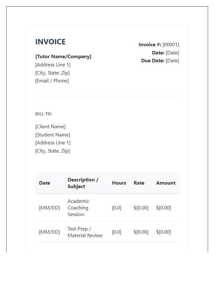 Private Tutor Academic Coaching Invoice Template