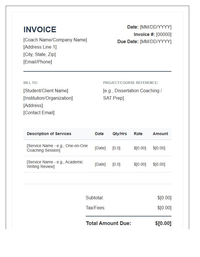 Professional Academic Coaching Services Invoice Template