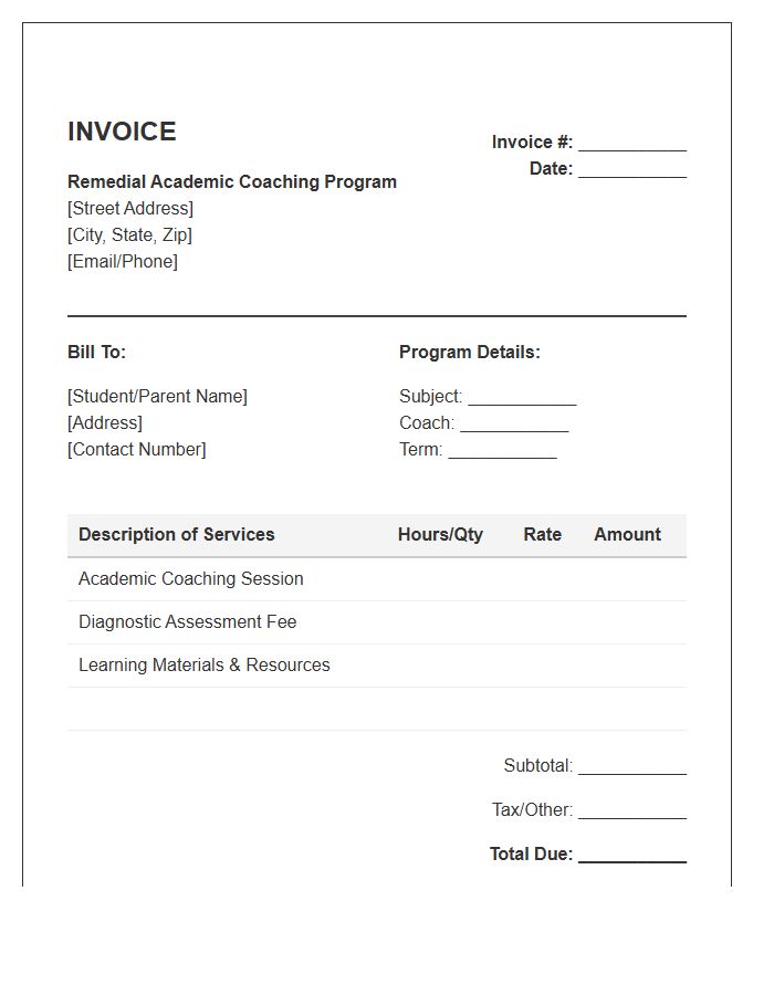 Remedial Academic Coaching Program Invoice Template