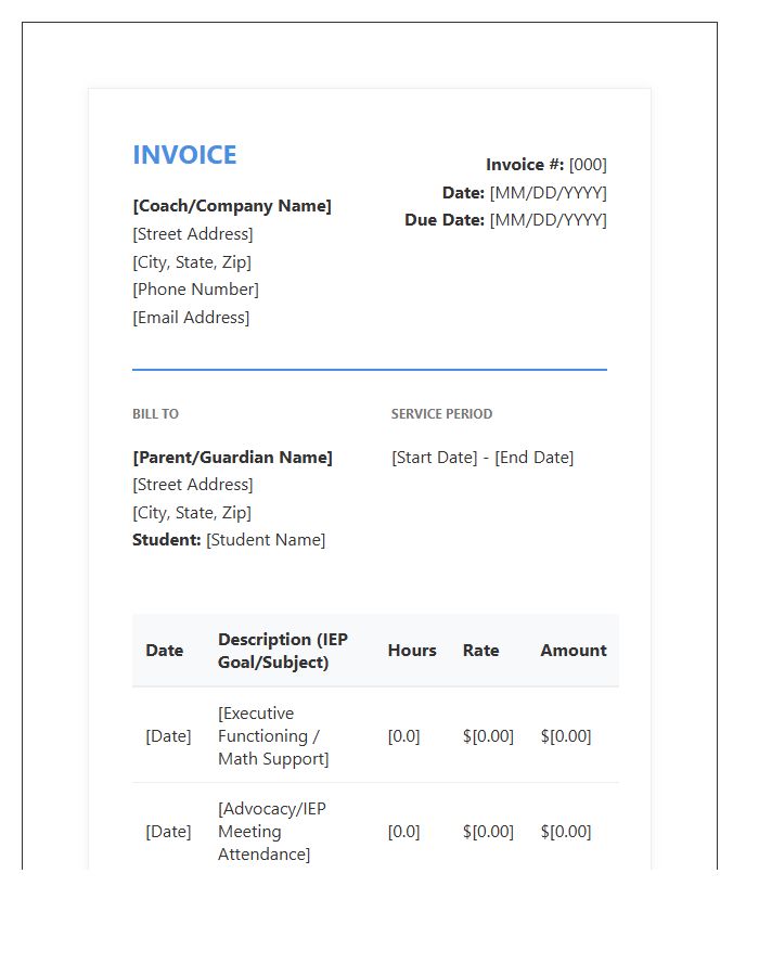 Special Education Academic Coaching Invoice Template