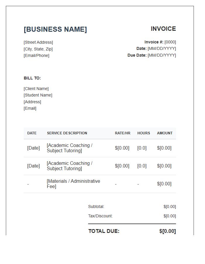 Standard Academic Coaching Business Invoice Template