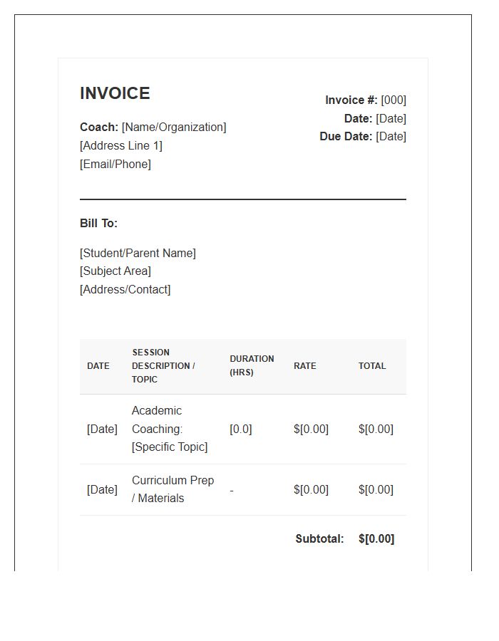 Subject Specific Academic Coaching Invoice Template
