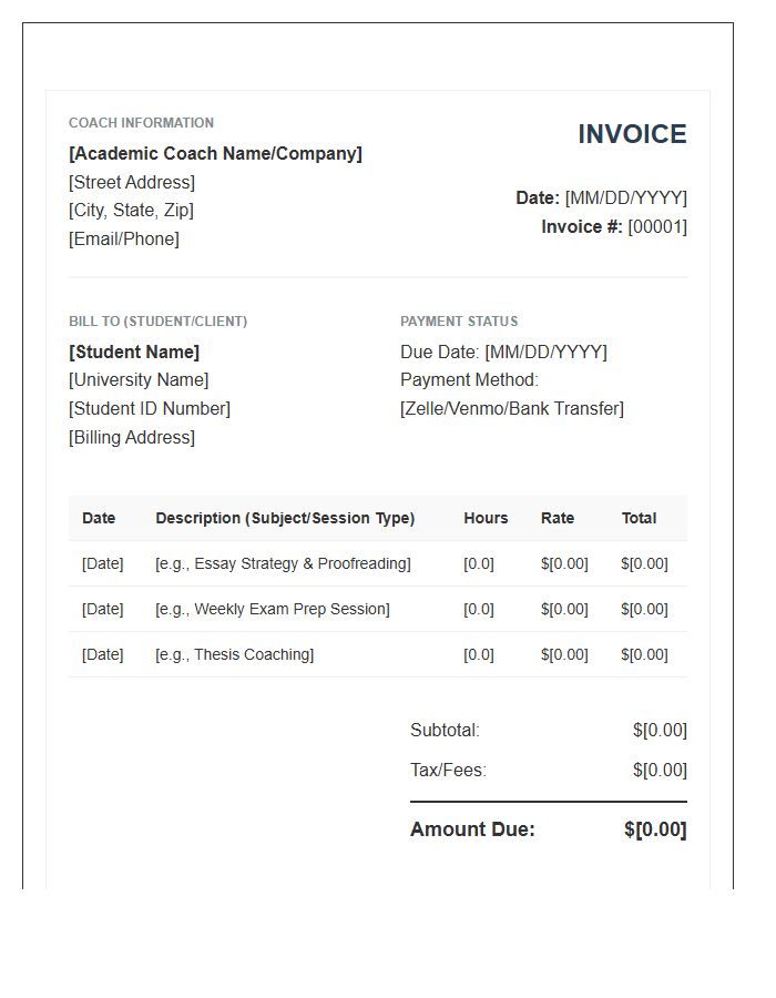 University Student Academic Coaching Invoice Template