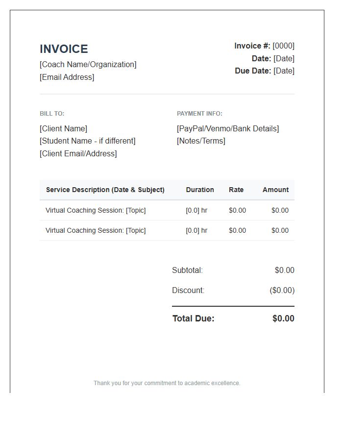 Virtual Academic Coaching Session Invoice Template