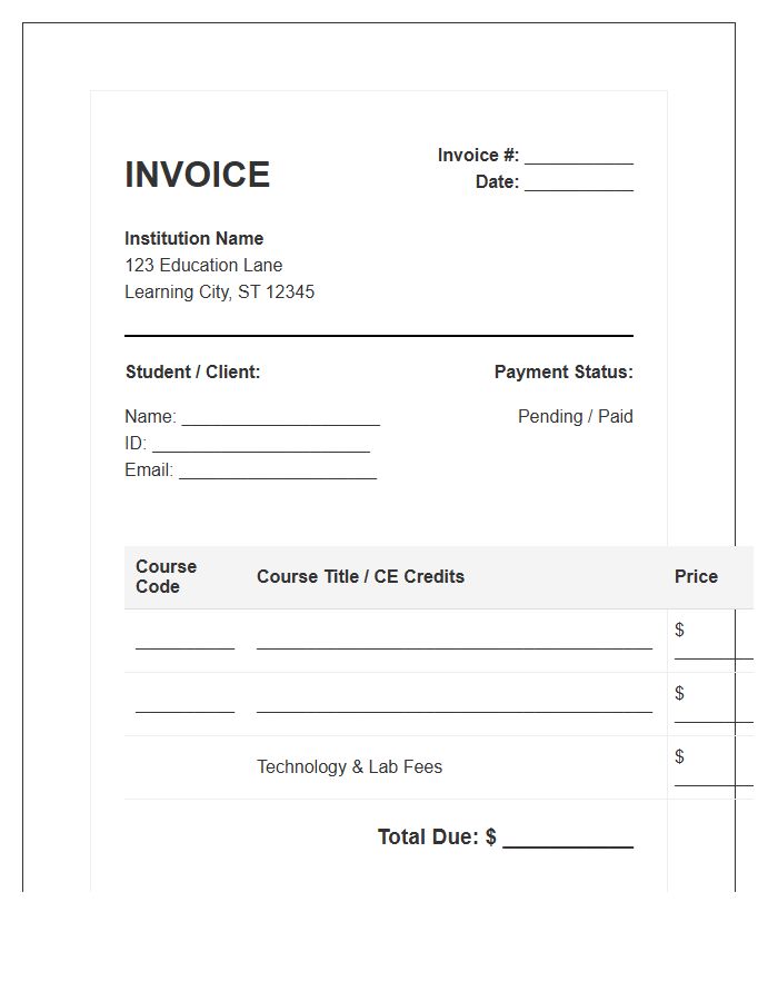 Continuing Education Online Invoice Template