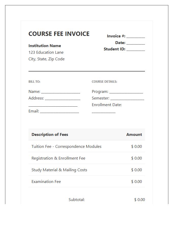 Correspondence Course Fee Invoice Template