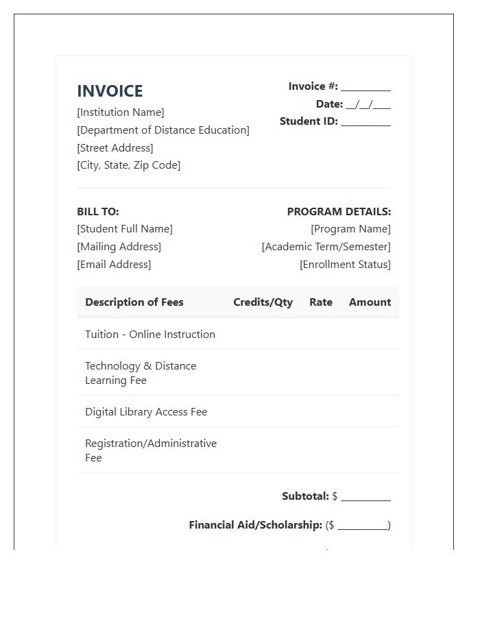Distance Education Program Billing Invoice Template